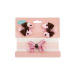 Babies Bloom Pink And Brown Satin Ribbon Bow Hair Band With Hair Clip Set