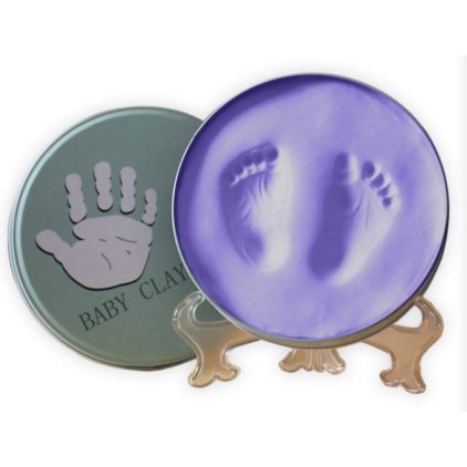 Babies Bloom Round Tin With Stand Baby'S Clay Handprint And Footprint Solid Wood Photo Frame (Purple)