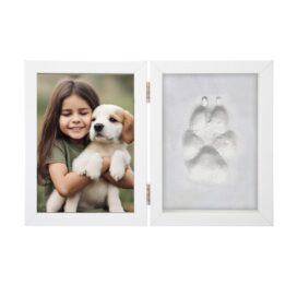 BABIES BLOOM Dog or Cat Paw Print with Photo Frame, Pet Paw Print Impression Kit, Dog or Cat Clay Pawprint Keepsake Wooden Photo Frame (Double Fold)