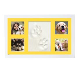 BABIES BLOOM Dog or Cat Paw Print with 4 Photo with clay Frame, Pet Paw Print Impression Kit, Pet frame, Dog or Cat Clay Pawprint Keepsake Wooden Photo Frame (Yellow)